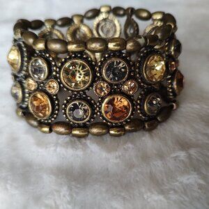 7" Cookie Lee Brass-Stretch Bracelet Amber Rhinestone Bracelet